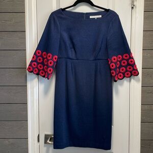 Trina Turk Navy Blue With Red Embroidered Floral Sleeves Sheath Dress 6 EUC